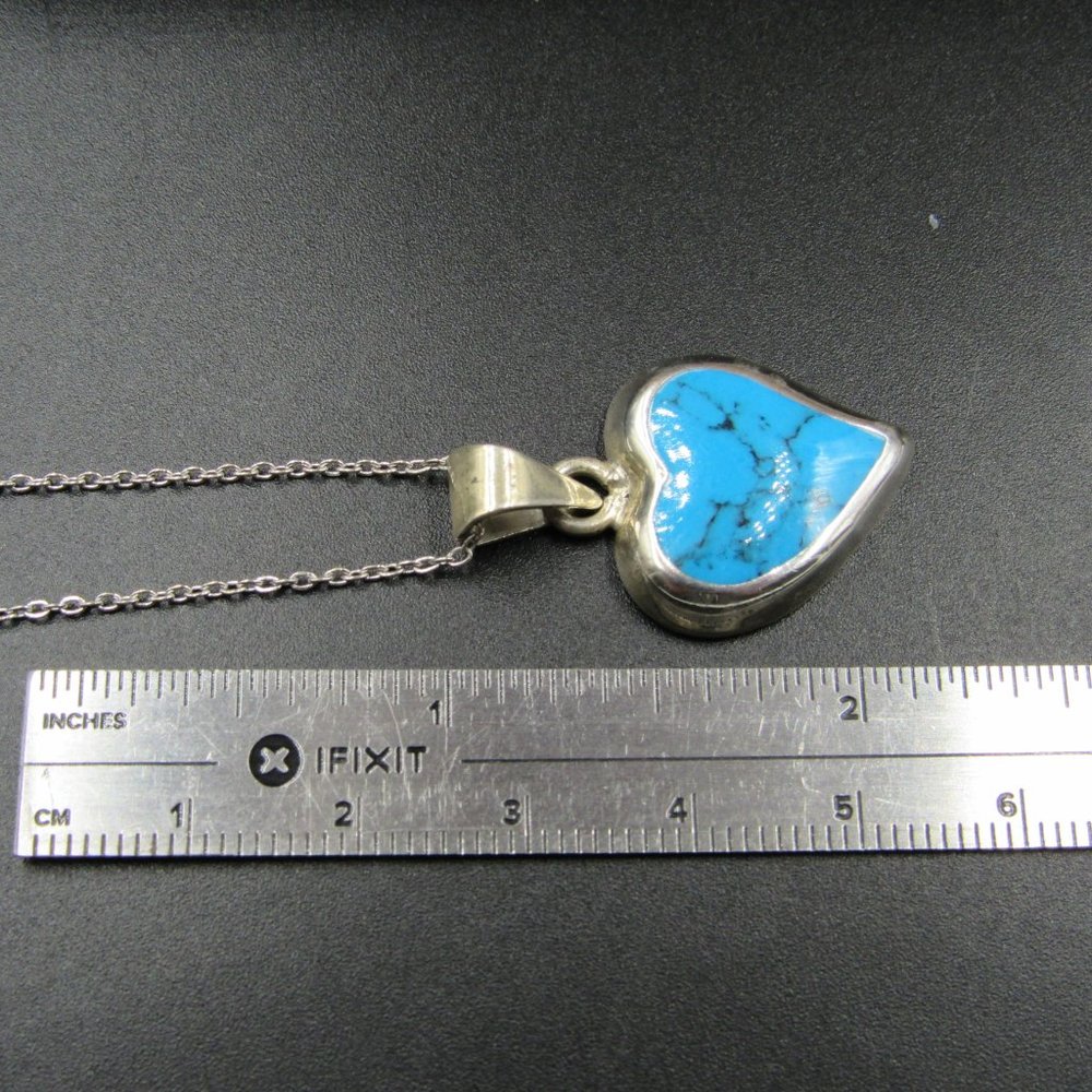 16" Sterling Rustic Blue Inlay Heart Love Necklace - Picture 5 of 6